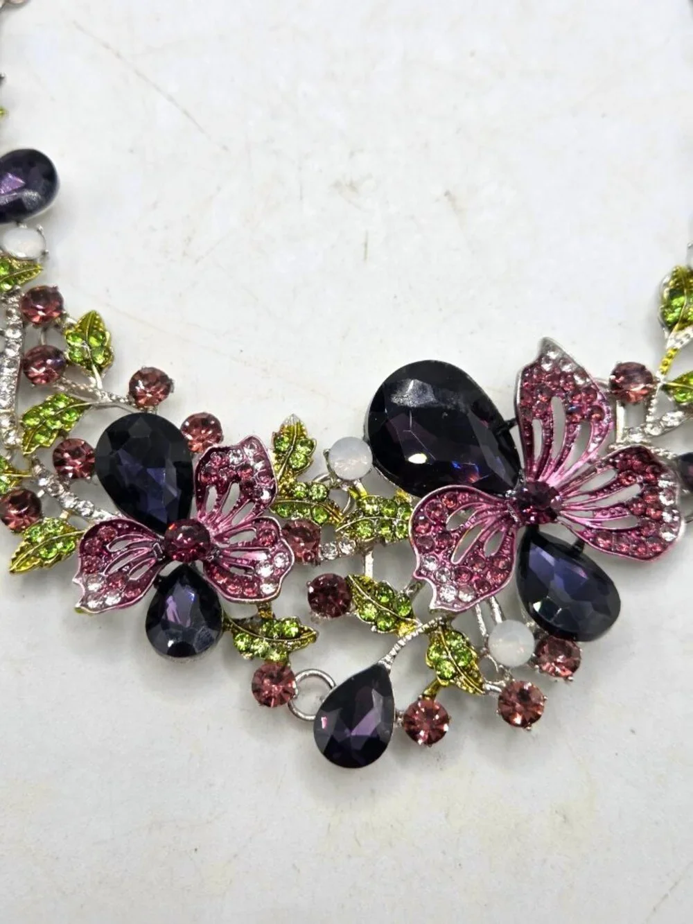 Floral Butterfly Necklace With Rhinestones Purple Green & Pink Accents